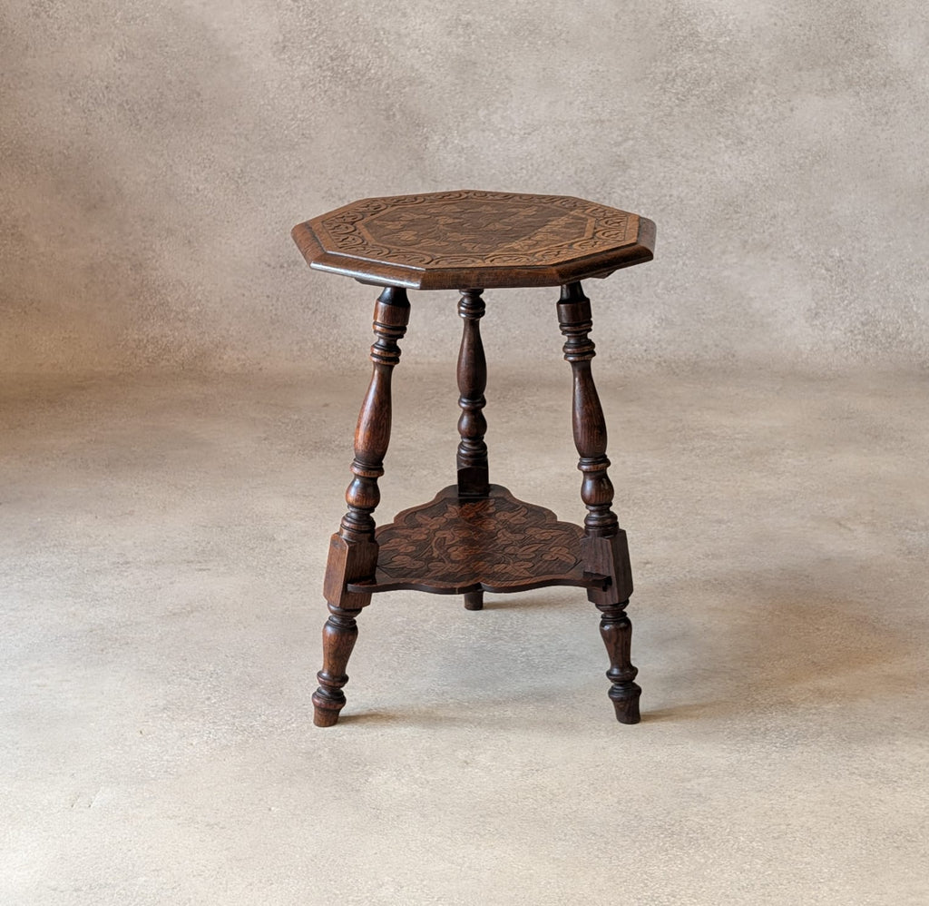 Antique Arts & Crafts Carved Oak Side Table Liberty Style Octagonal Plant Stand