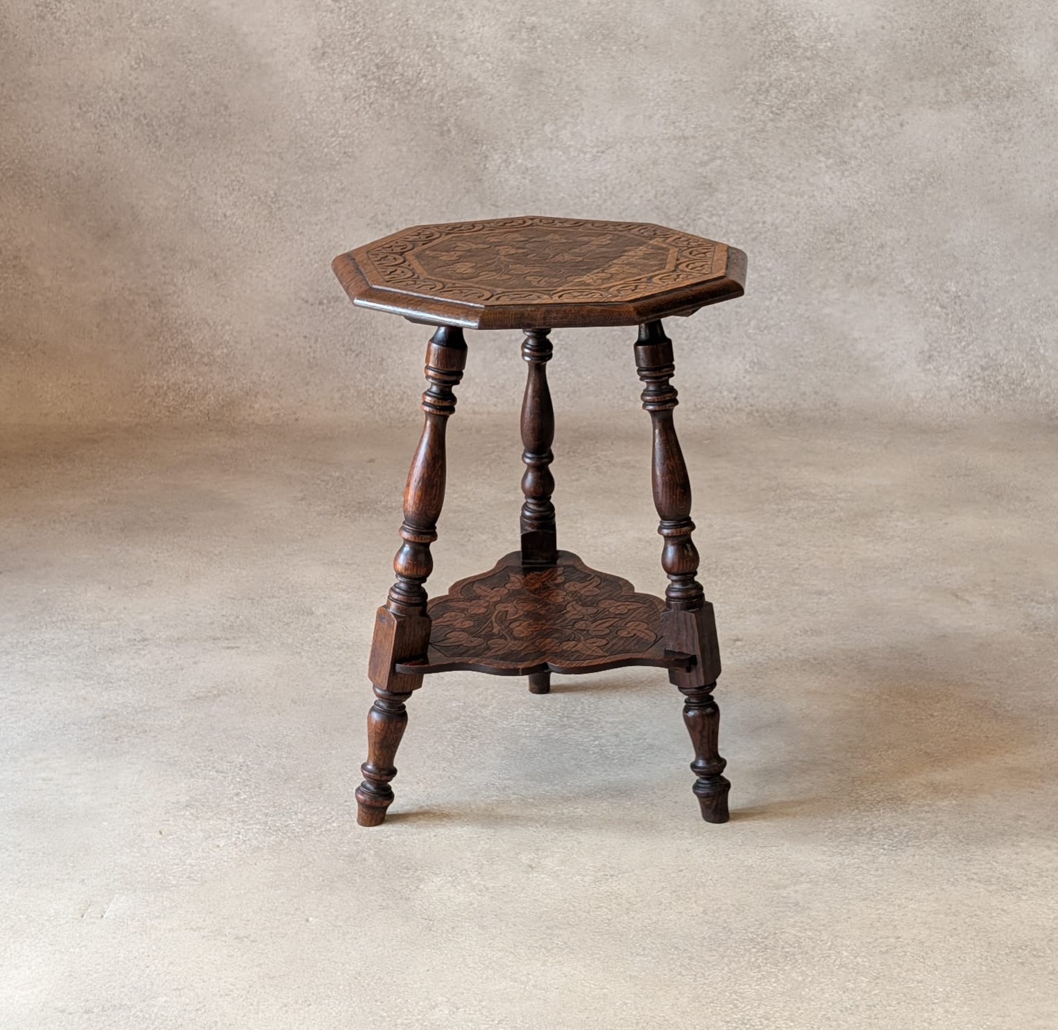 Antique Arts & Crafts Carved Oak Side Table Liberty Style Octagonal Plant Stand