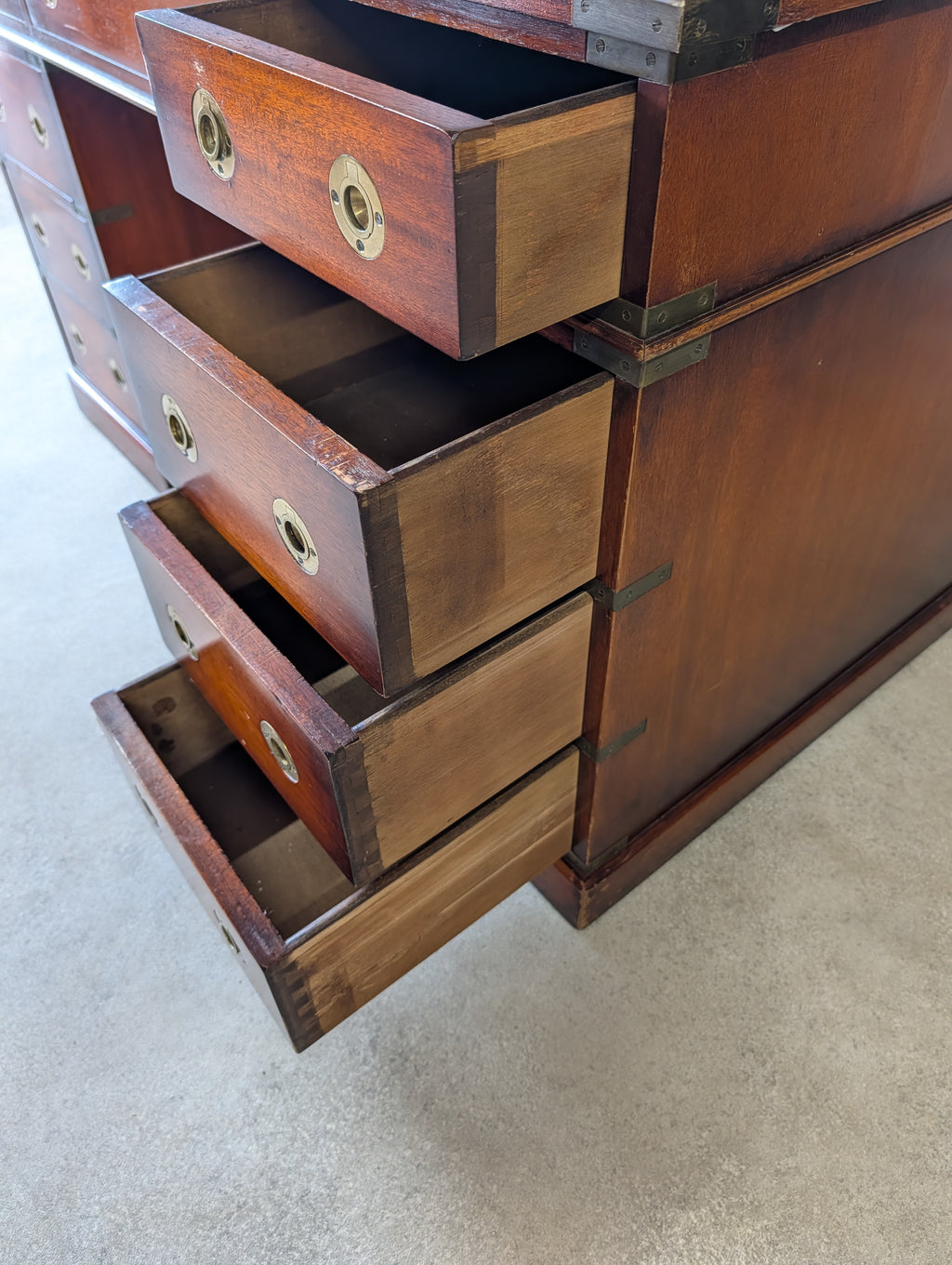Vintage Red Leather Top Desk Campaign Military Style Mahogany Writing Desk