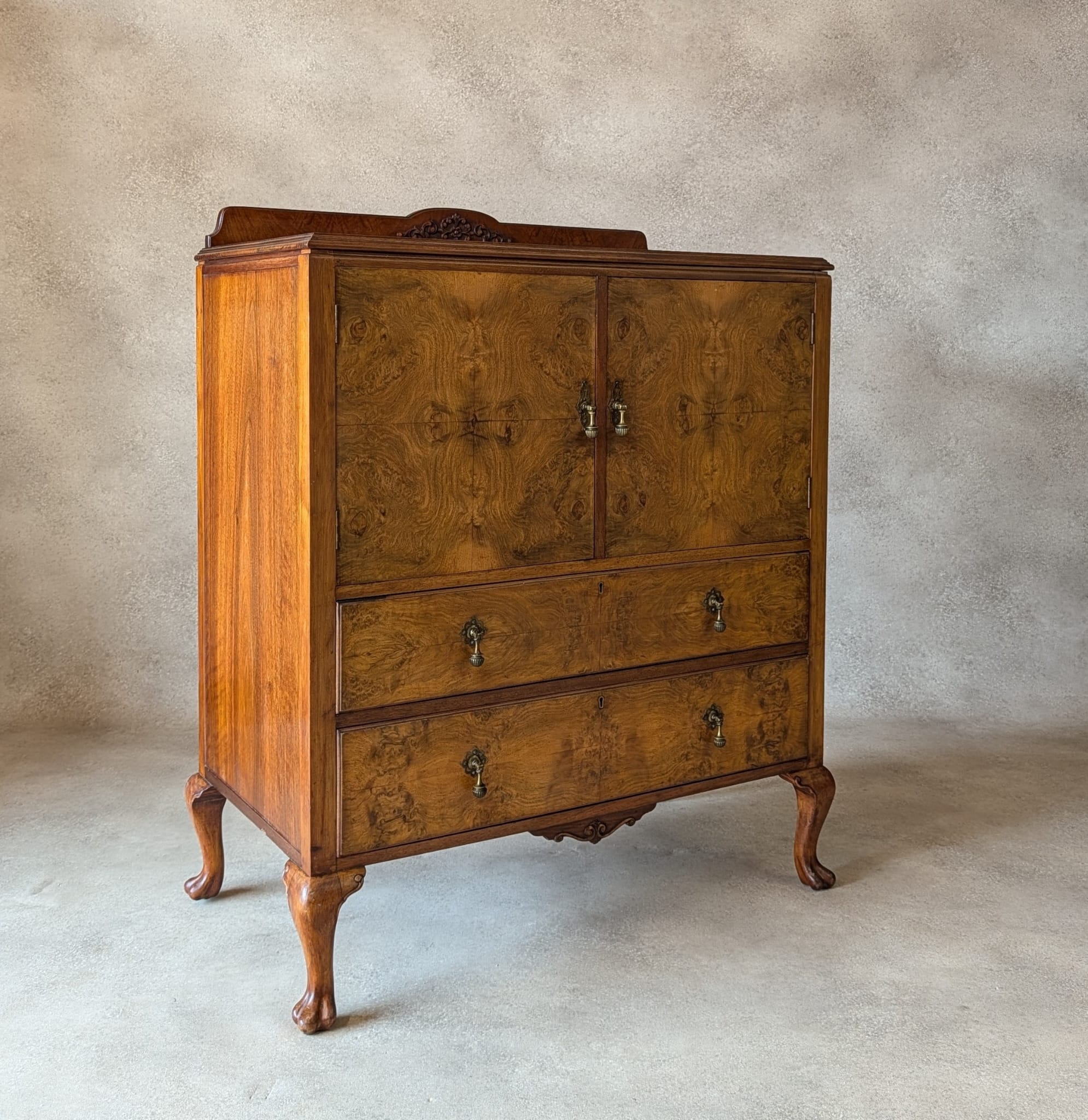 Vintage Art Deco Burr Walnut Linen Cupboard Queen Anne Style Tallboy 1930s