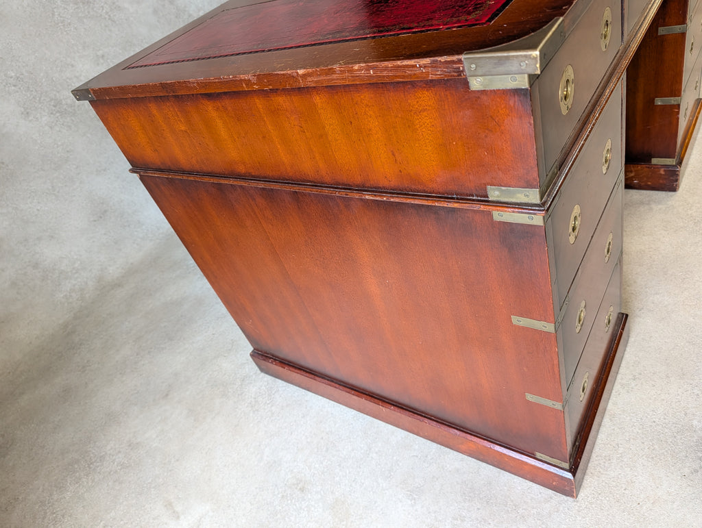 Vintage Red Leather Top Desk Campaign Military Style Mahogany Writing Desk