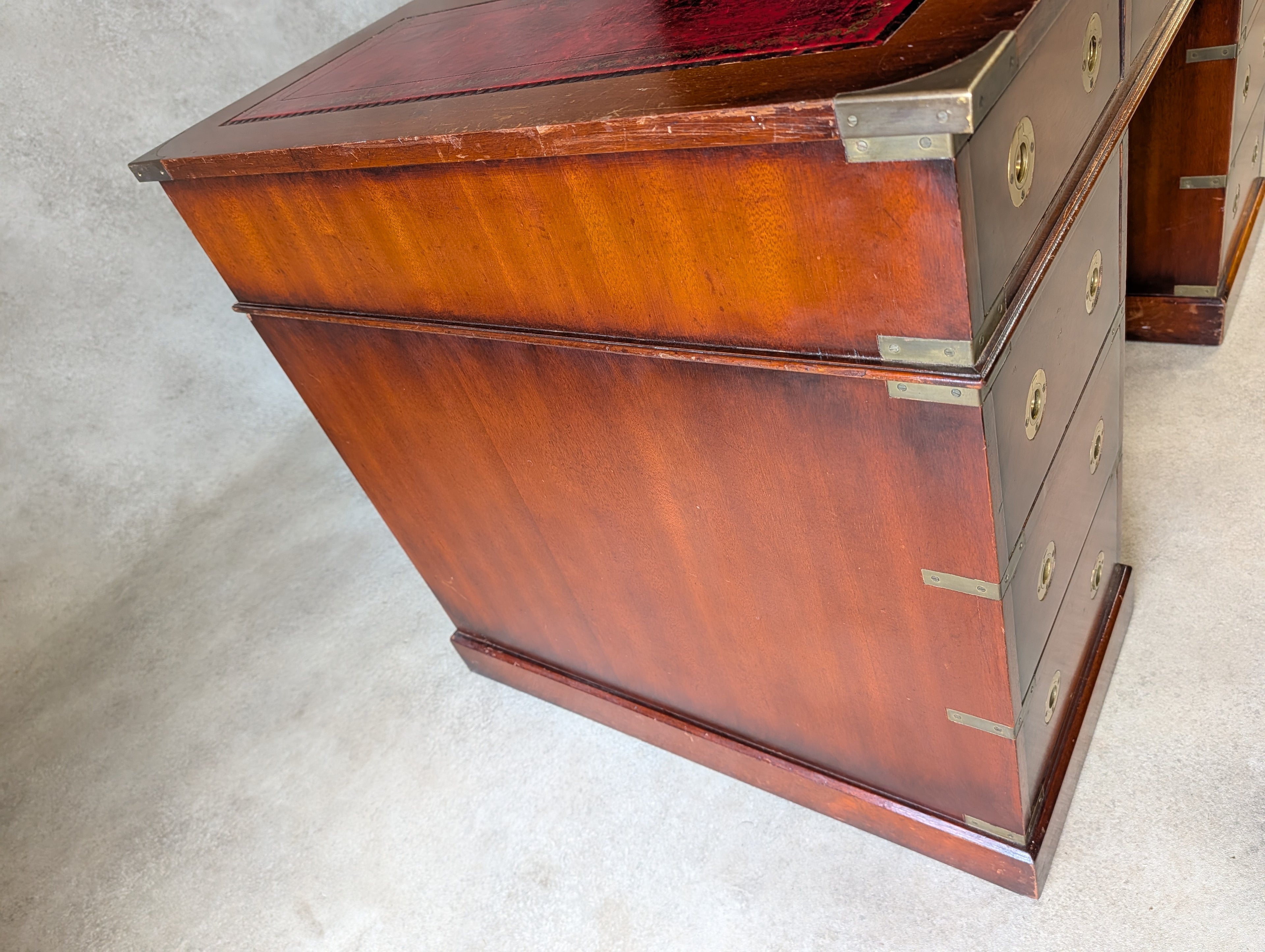 Vintage Red Leather Top Desk Campaign Military Style Mahogany Writing Desk