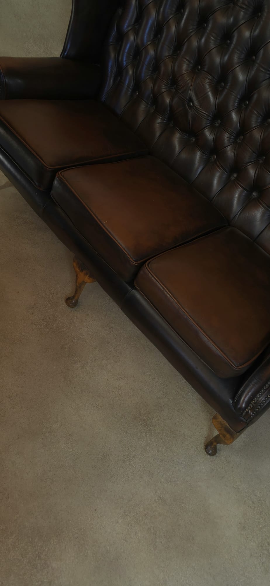 Vintage Queen Anne Style High Back Brown Leather Chesterfield Sofa