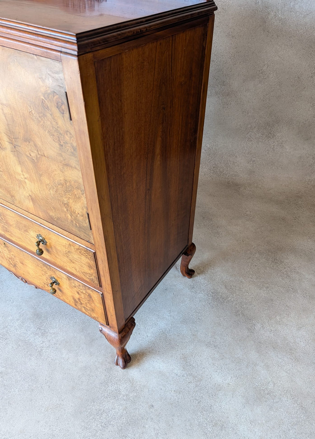 Vintage Art Deco Burr Walnut Linen Cupboard Queen Anne Style Tallboy 1930s