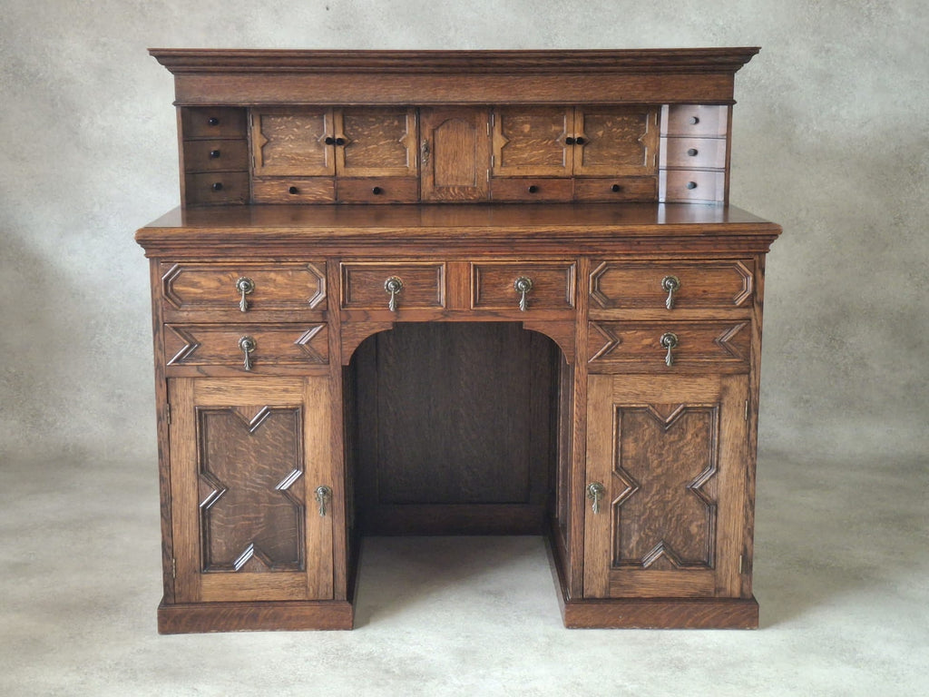 Large Antique Edwardian Jacobean Revival Oak Pedestal Desk - Gallery Top
