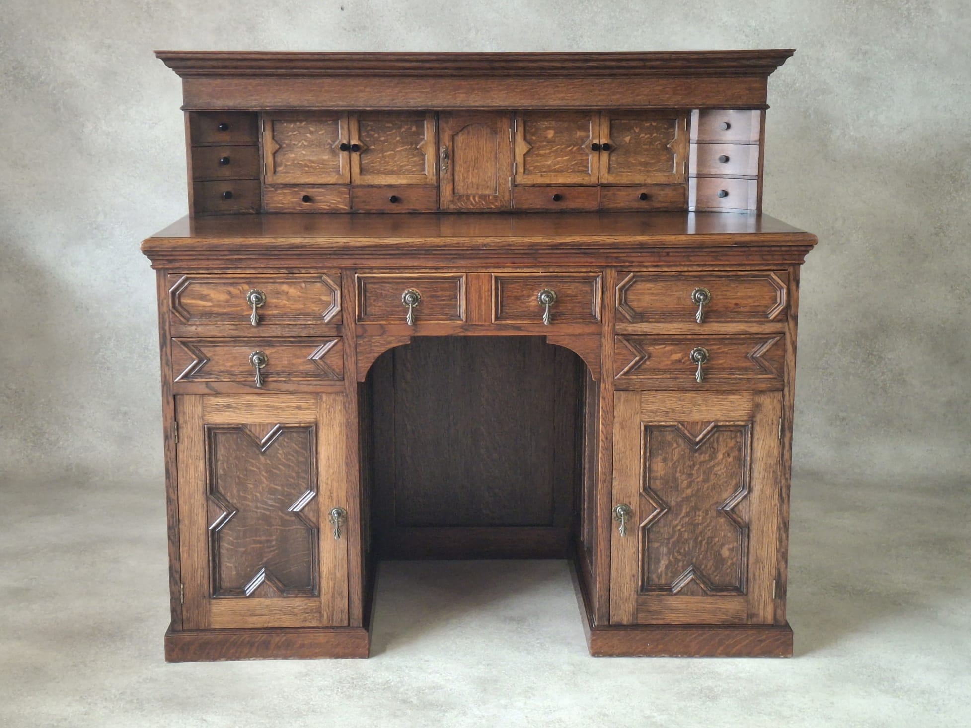 Large Antique Edwardian Jacobean Revival Oak Pedestal Desk - Gallery Top