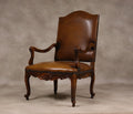 Vintage French Louis XV Style Carved Beechwood Fauteuil Tooled Leather Armchair