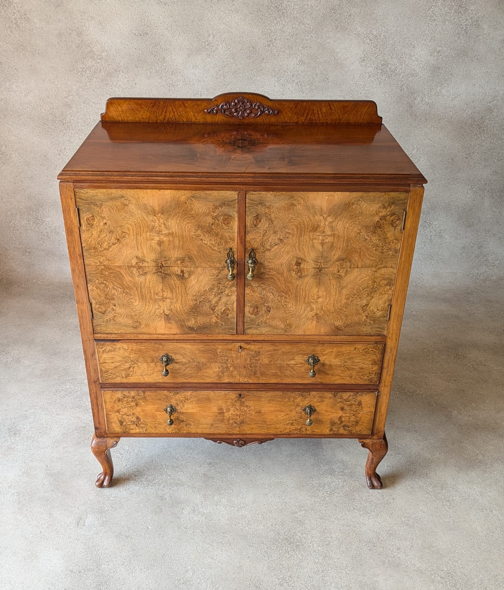 Vintage Art Deco Burr Walnut Linen Cupboard Queen Anne Style Tallboy 1930s