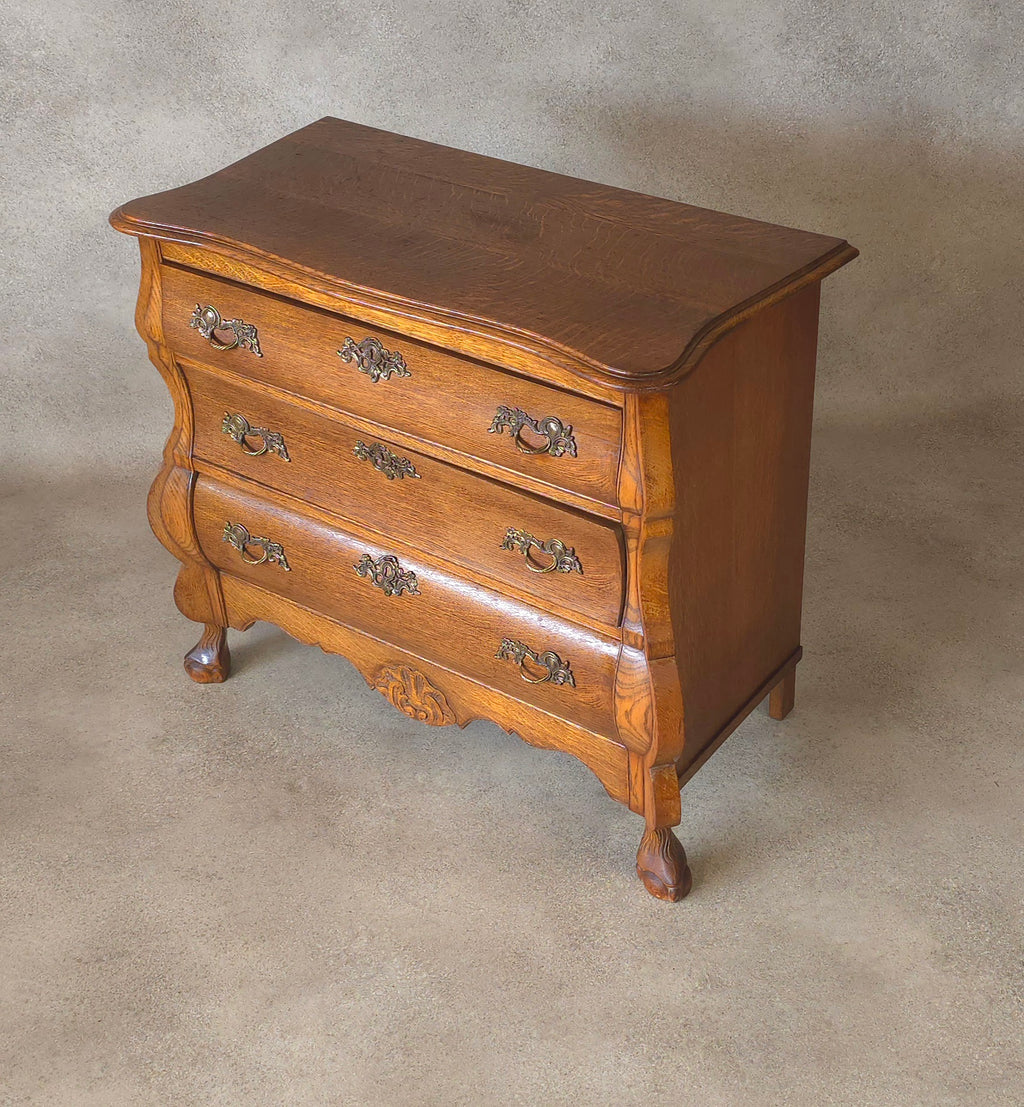 Small Oak Dutch Bombe Commode – Ornate Vintage Three-Drawer Chest