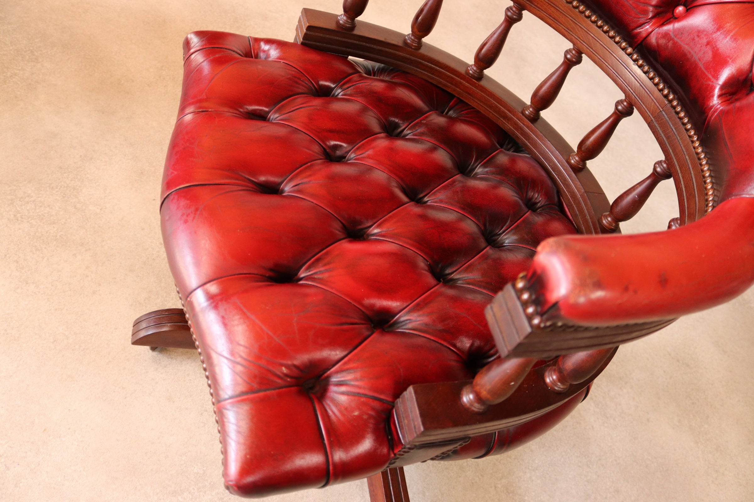Vintage Red Leather Chesterfield Captains Chair Swivel Office Desk Chair