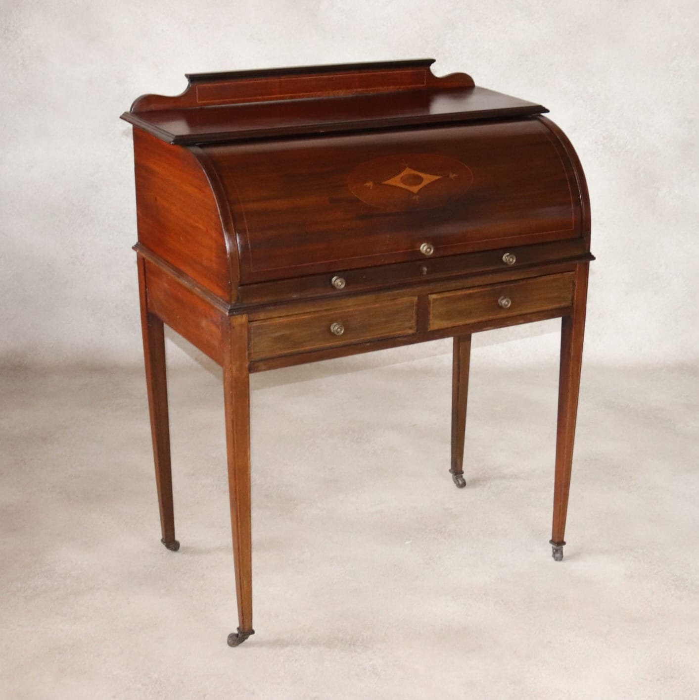 Antique Edwardian Mahogany Cylinder Bureau Desk - Sheraton Style - Circa 1900