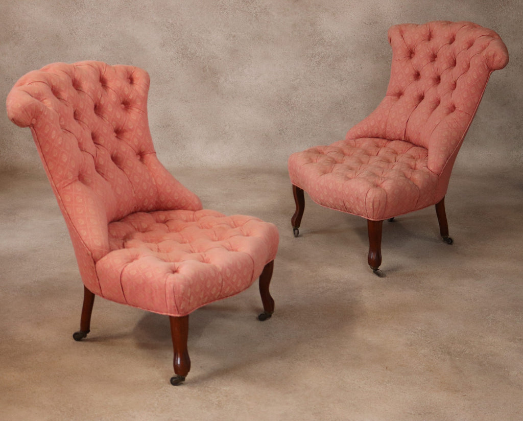 Pair Of Antique Walnut Victorian Chairs Scroll Back Slipper Chairs