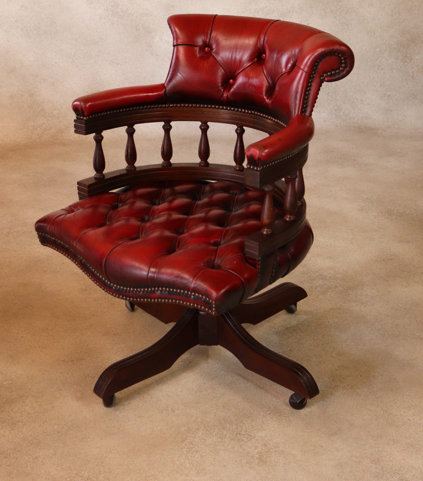 Vintage Red Leather Chesterfield Captains Chair Swivel Office Desk Chair