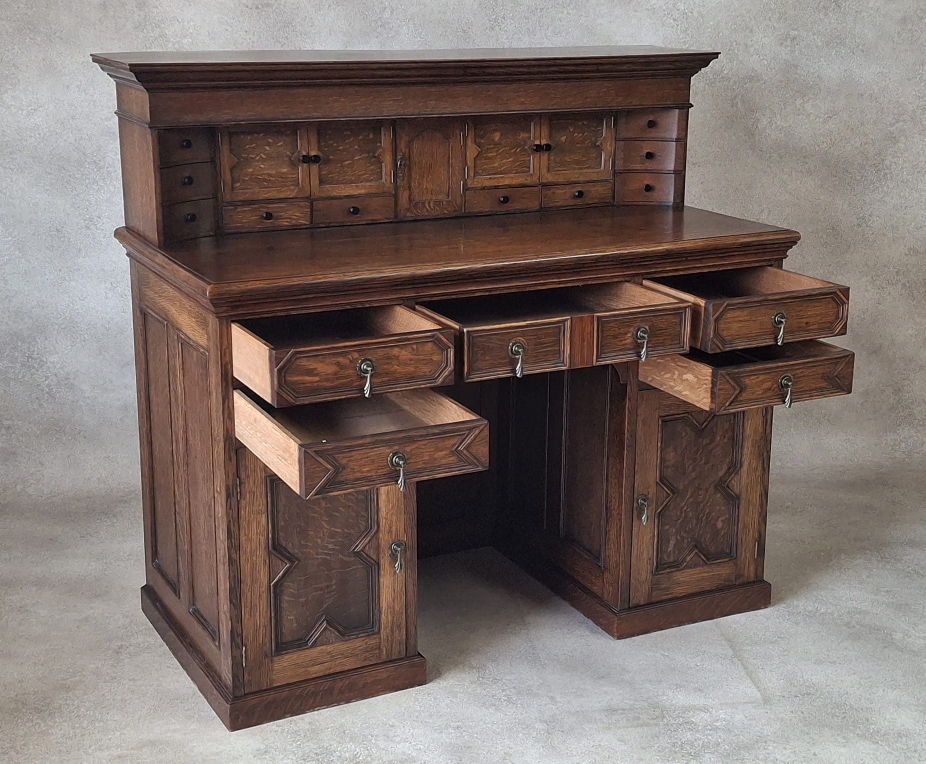 Large Antique Edwardian Jacobean Revival Oak Pedestal Desk - Gallery Top