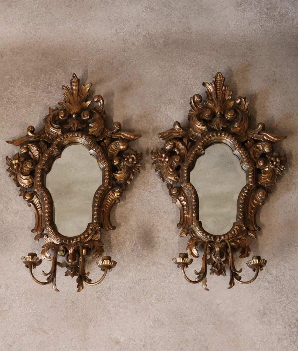 Pair Vintage Rococo Style Ornate Gilt Wall Sconce Mirrors Carved Wood Girandole