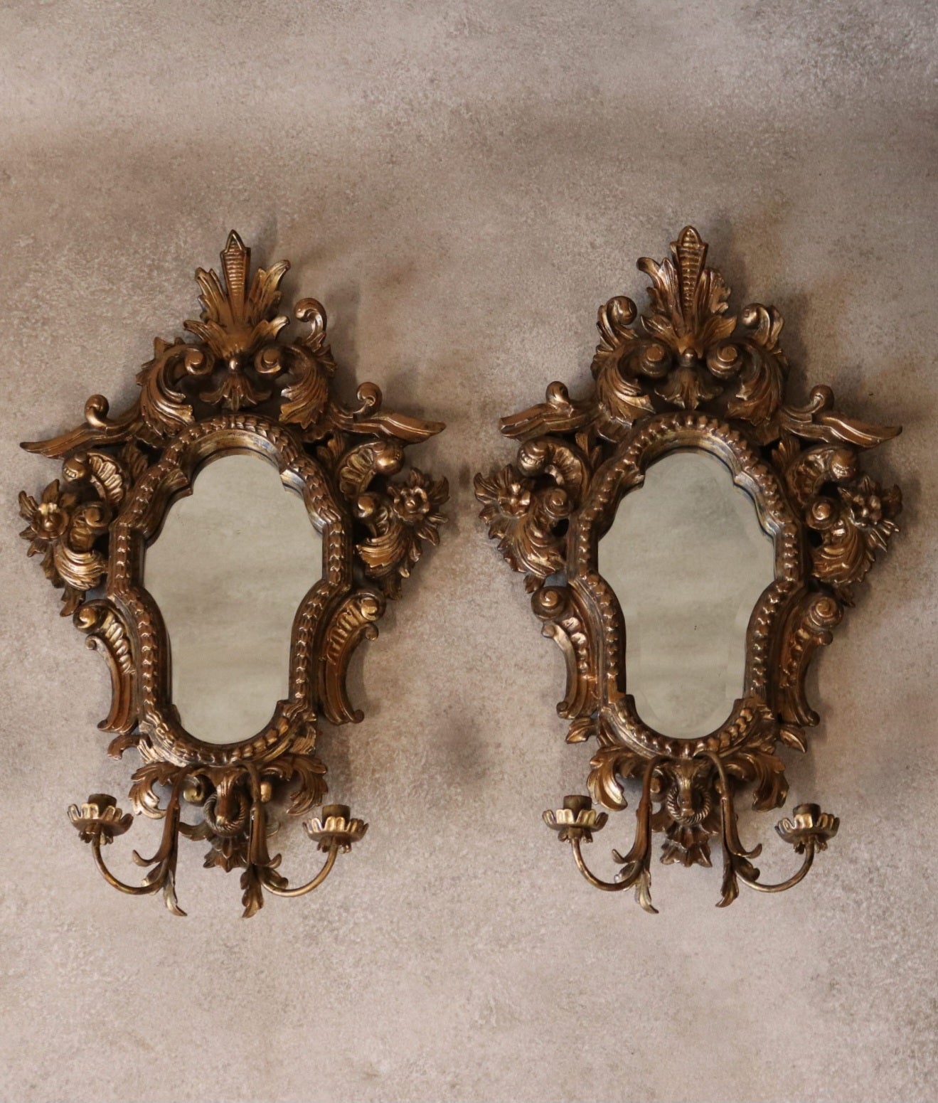 Pair Vintage Rococo Style Ornate Gilt Wall Sconce Mirrors Carved Wood Girandole