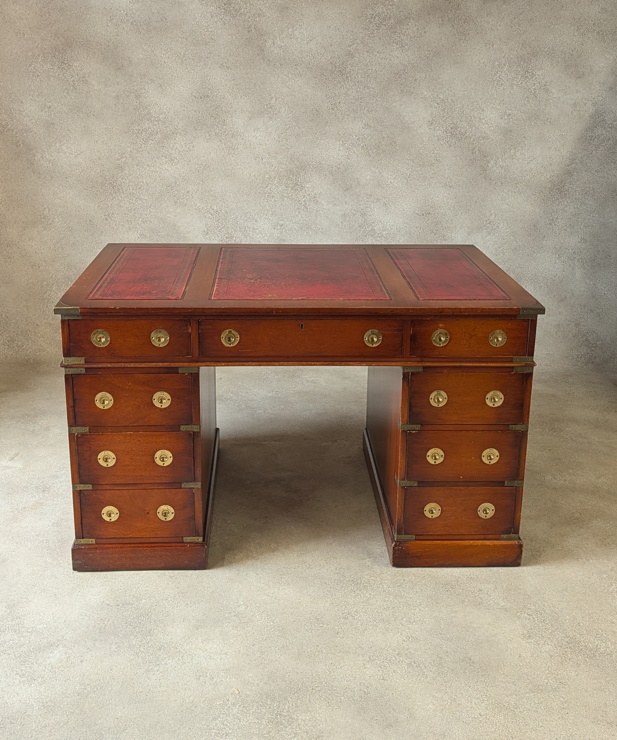 Vintage Red Leather Top Desk Campaign Military Style Mahogany Writing Desk