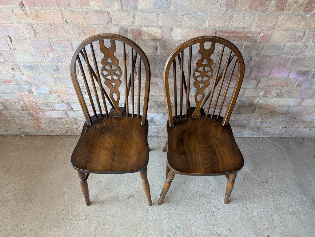 Set Of 6 Vintage Elm & Ash Wheelback Windsor Dining Chairs Includes 2 Carvers
