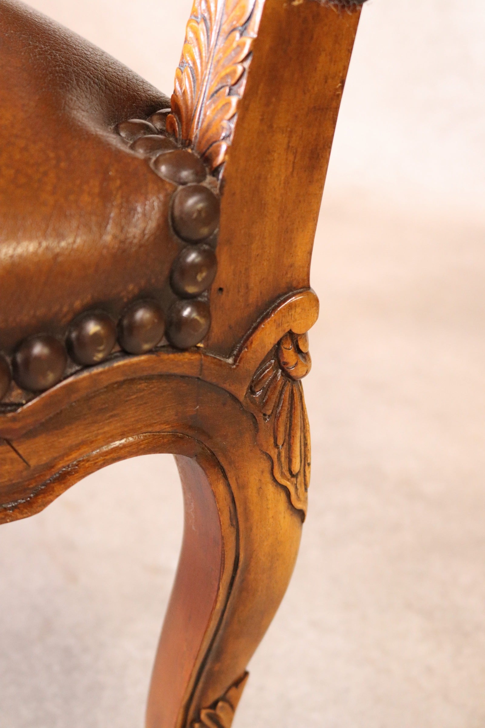 Vintage French Louis XV Style Carved Beechwood Fauteuil Tooled Leather Armchair