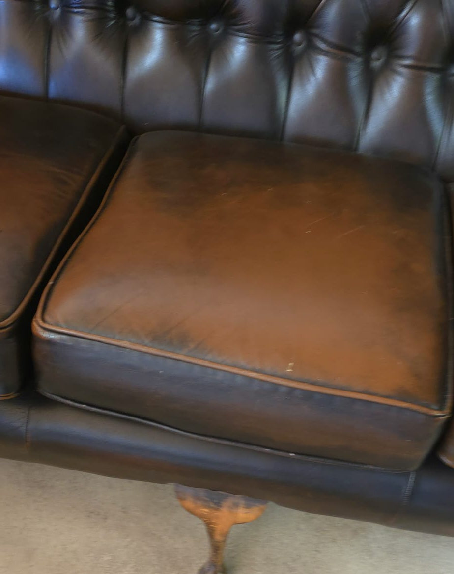 Vintage Queen Anne Style High Back Brown Leather Chesterfield Sofa