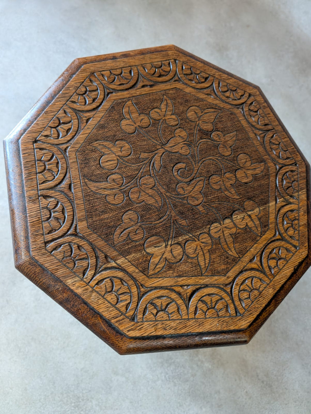 Antique Arts & Crafts Carved Oak Side Table Liberty Style Octagonal Plant Stand
