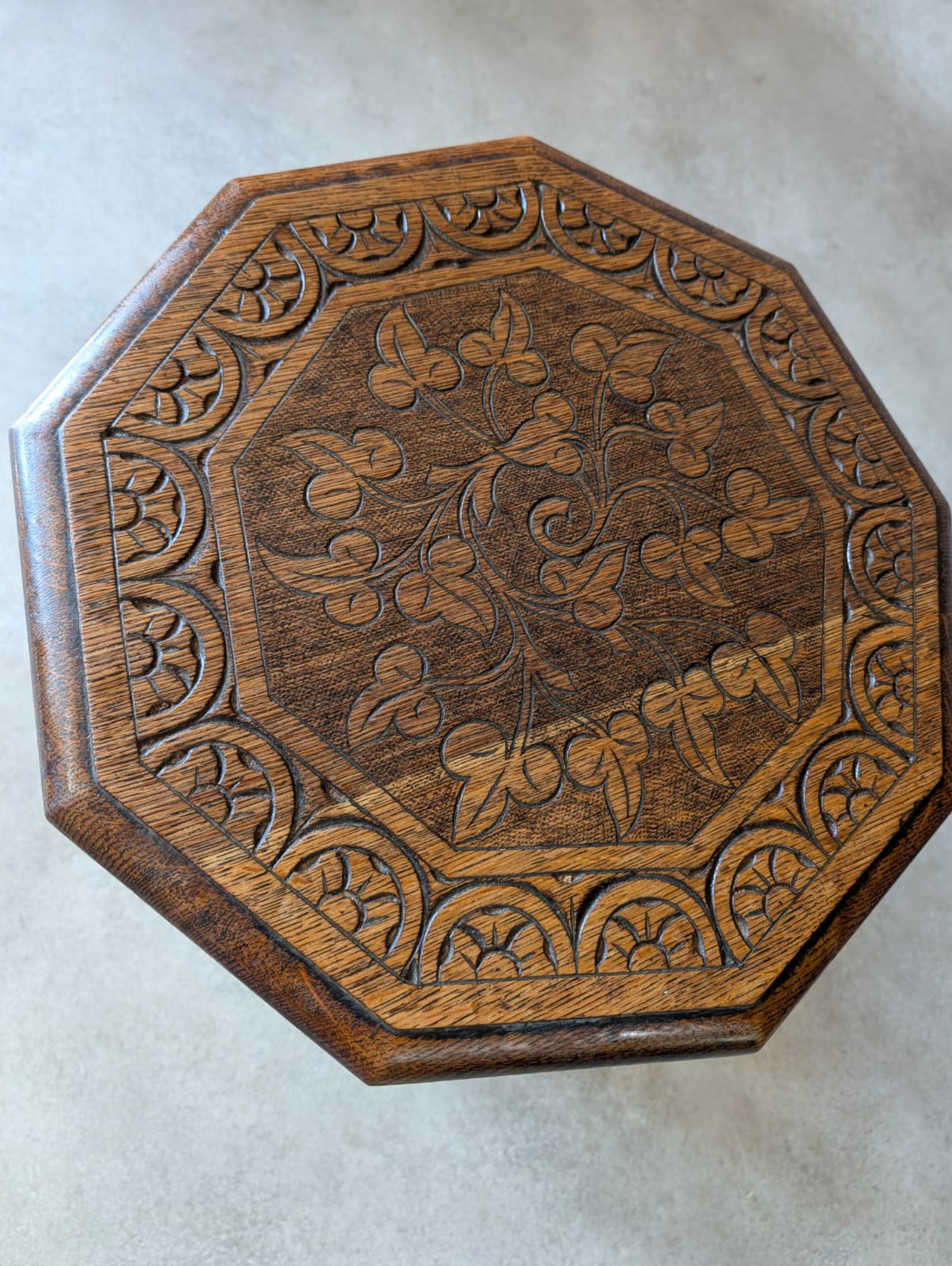 Antique Arts & Crafts Carved Oak Side Table Liberty Style Octagonal Plant Stand