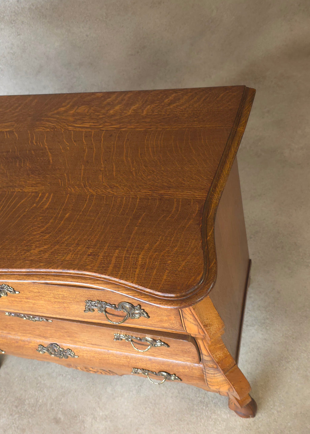 Small Oak Dutch Bombe Commode – Ornate Vintage Three-Drawer Chest