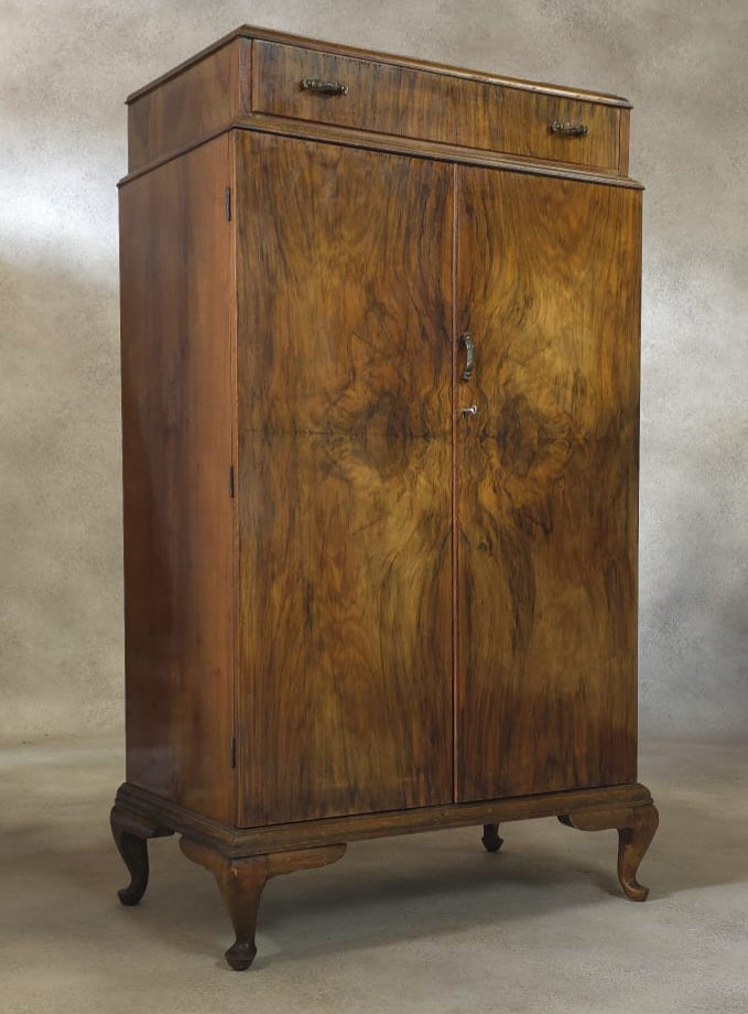 Vintage Art Deco Burr Walnut Compactum Tallboy 1930s Linen Cabinet