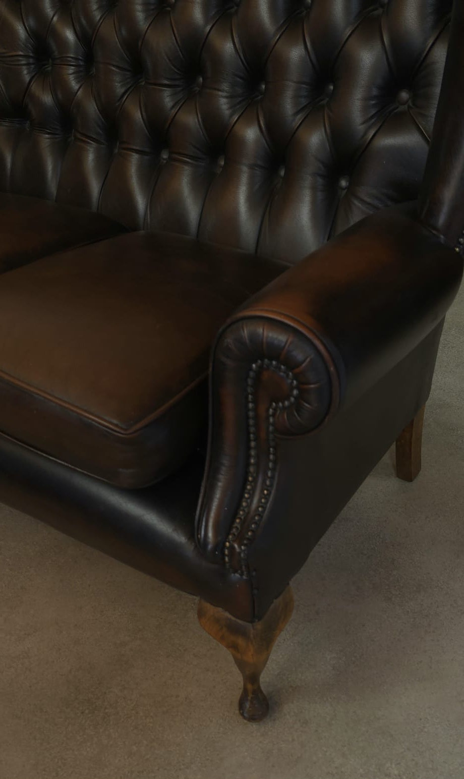 Vintage Queen Anne Style High Back Brown Leather Chesterfield Sofa