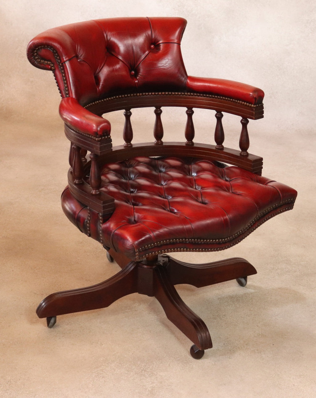 Vintage Red Leather Chesterfield Captains Chair Swivel Office Desk Chair