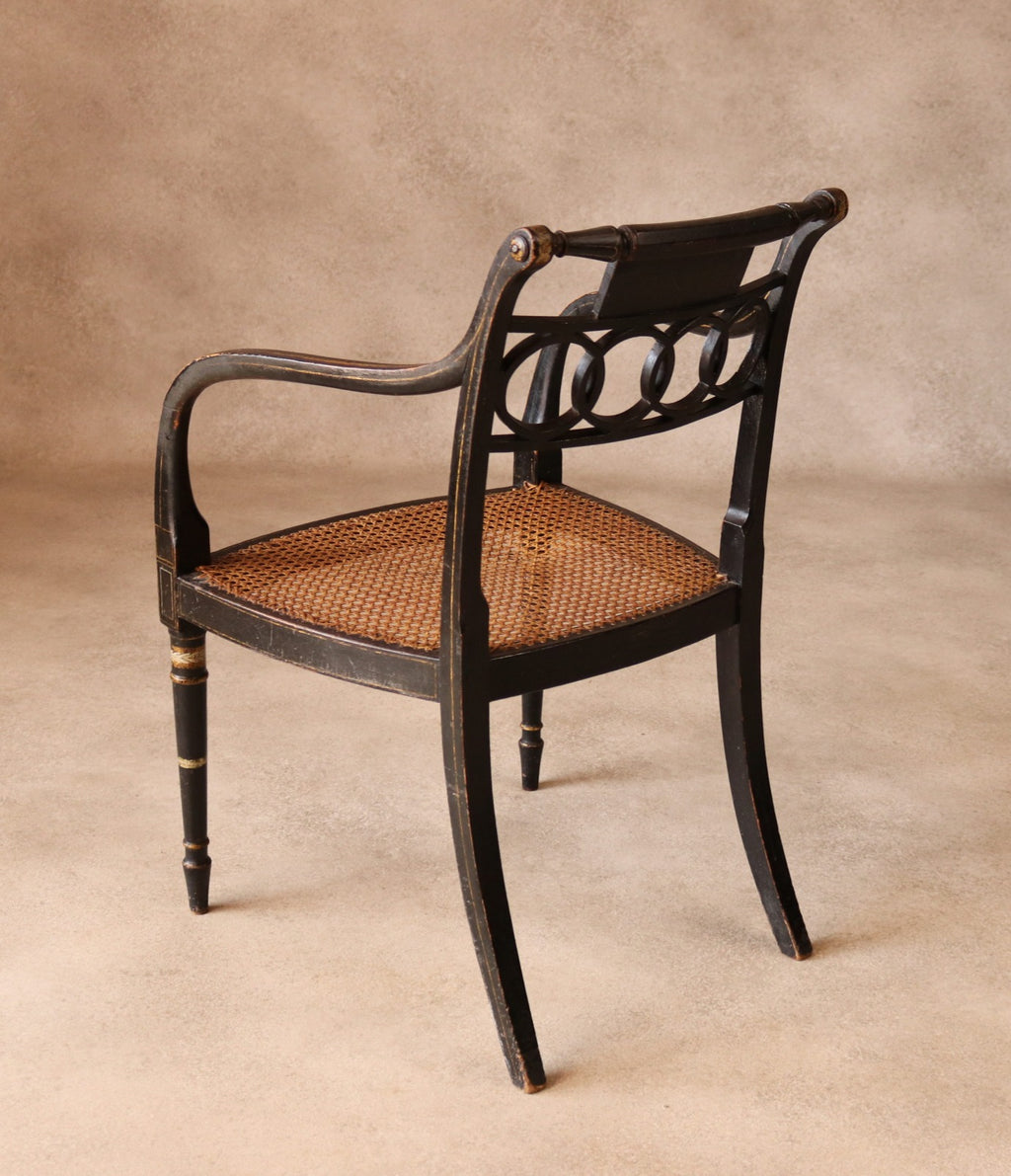 Antique Regency Ebonised parcel-Gilt Painted Elbow Chair Cane Seat Armchair