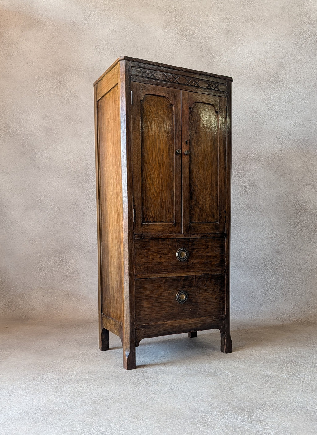 Vintage Oak Hall Cupboard 1930s Jacobean Revival Cupboard Compact Oak Cabinet