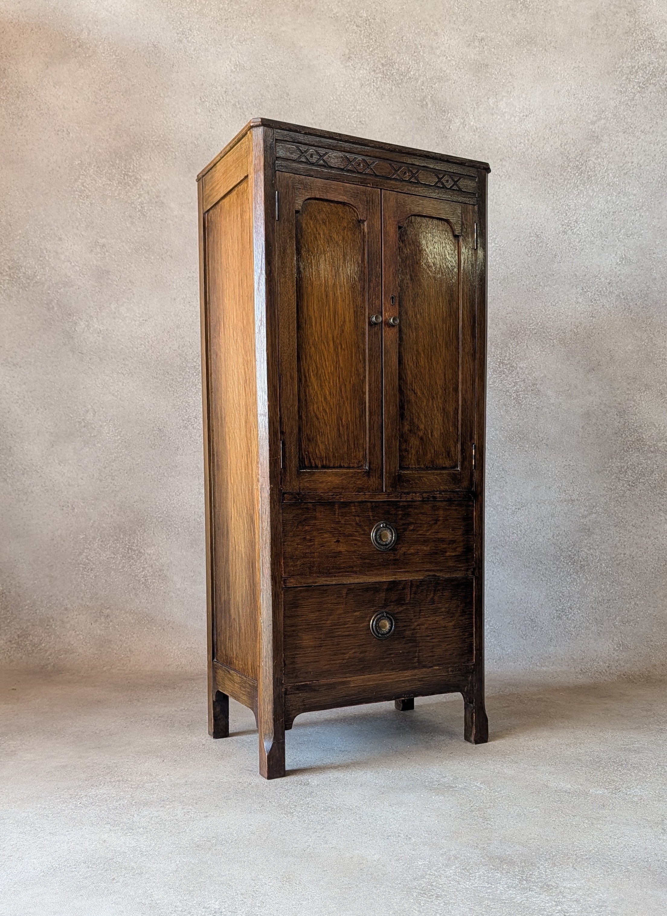 Vintage Oak Hall Cupboard 1930s Jacobean Revival Cupboard Compact Oak Cabinet