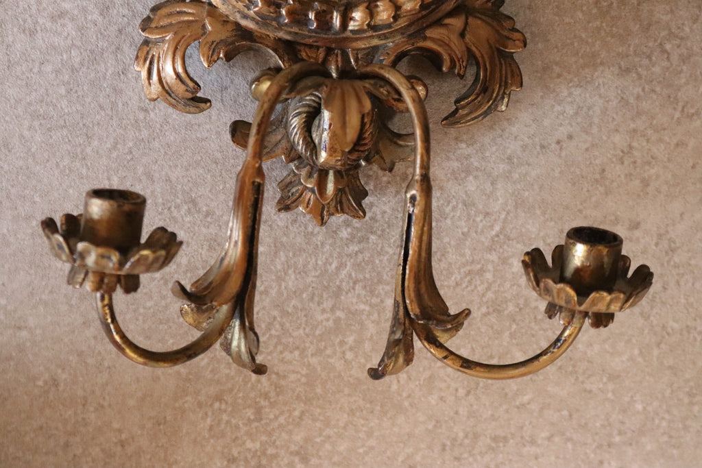 Pair Vintage Rococo Style Ornate Gilt Wall Sconce Mirrors Carved Wood Girandole