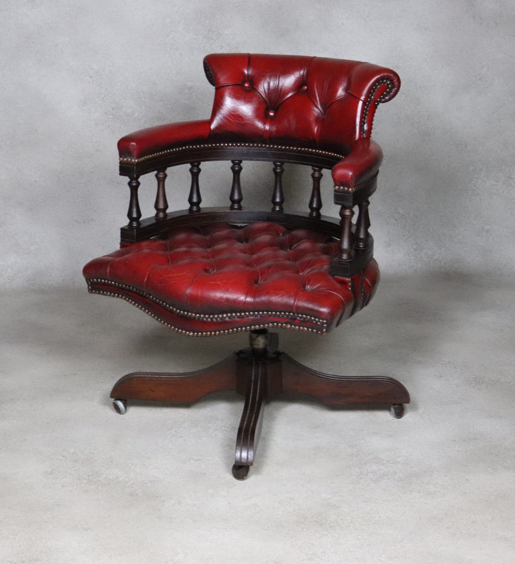 Vintage Red Leather Chesterfield Captians Chair Swivel Office / Desk Chair