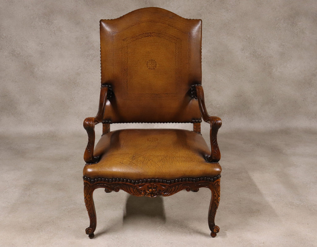 Vintage French Louis XV Style Carved Beechwood Fauteuil Tooled Leather Armchair