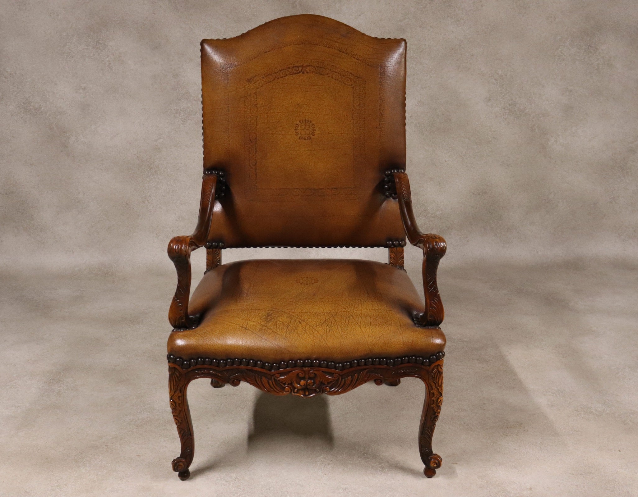Vintage French Louis XV Style Carved Beechwood Fauteuil Tooled Leather Armchair