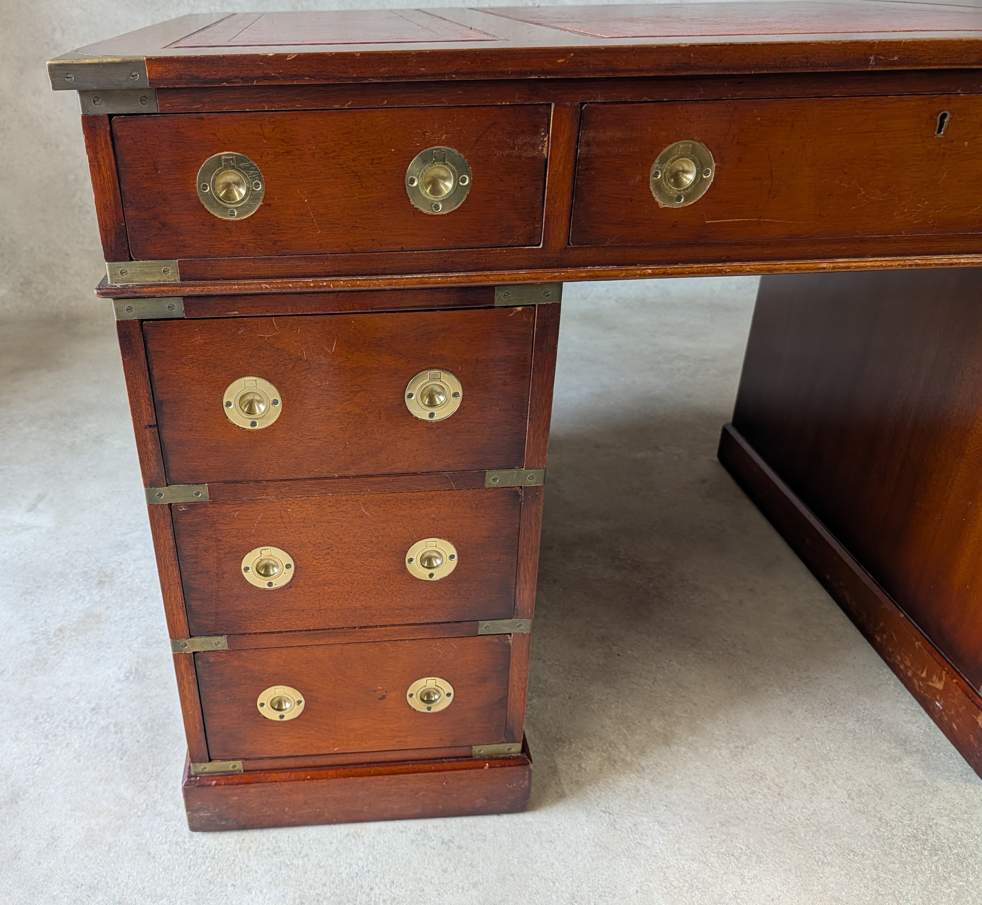 Vintage Red Leather Top Desk Campaign Military Style Mahogany Writing Desk