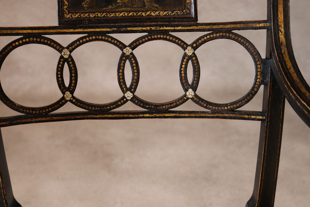 Antique Regency Ebonised parcel-Gilt Painted Elbow Chair Cane Seat Armchair