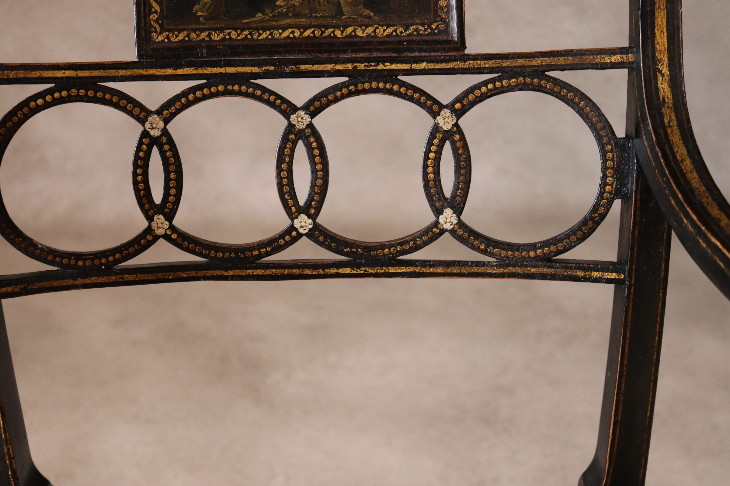 Antique Regency Ebonised parcel-Gilt Painted Elbow Chair Cane Seat Armchair