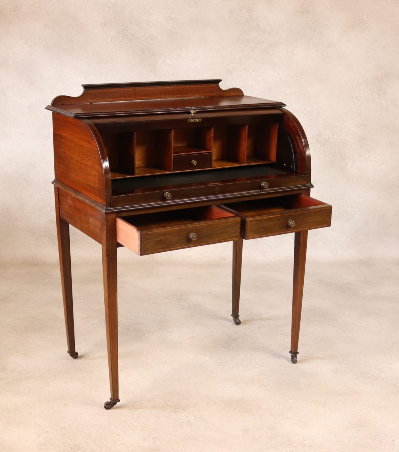Antique Edwardian Mahogany Cylinder Bureau Desk - Sheraton Style - Circa 1900