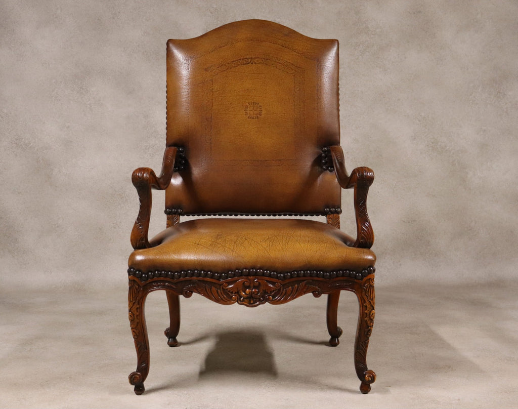Vintage French Louis XV Style Carved Beechwood Fauteuil Tooled Leather Armchair