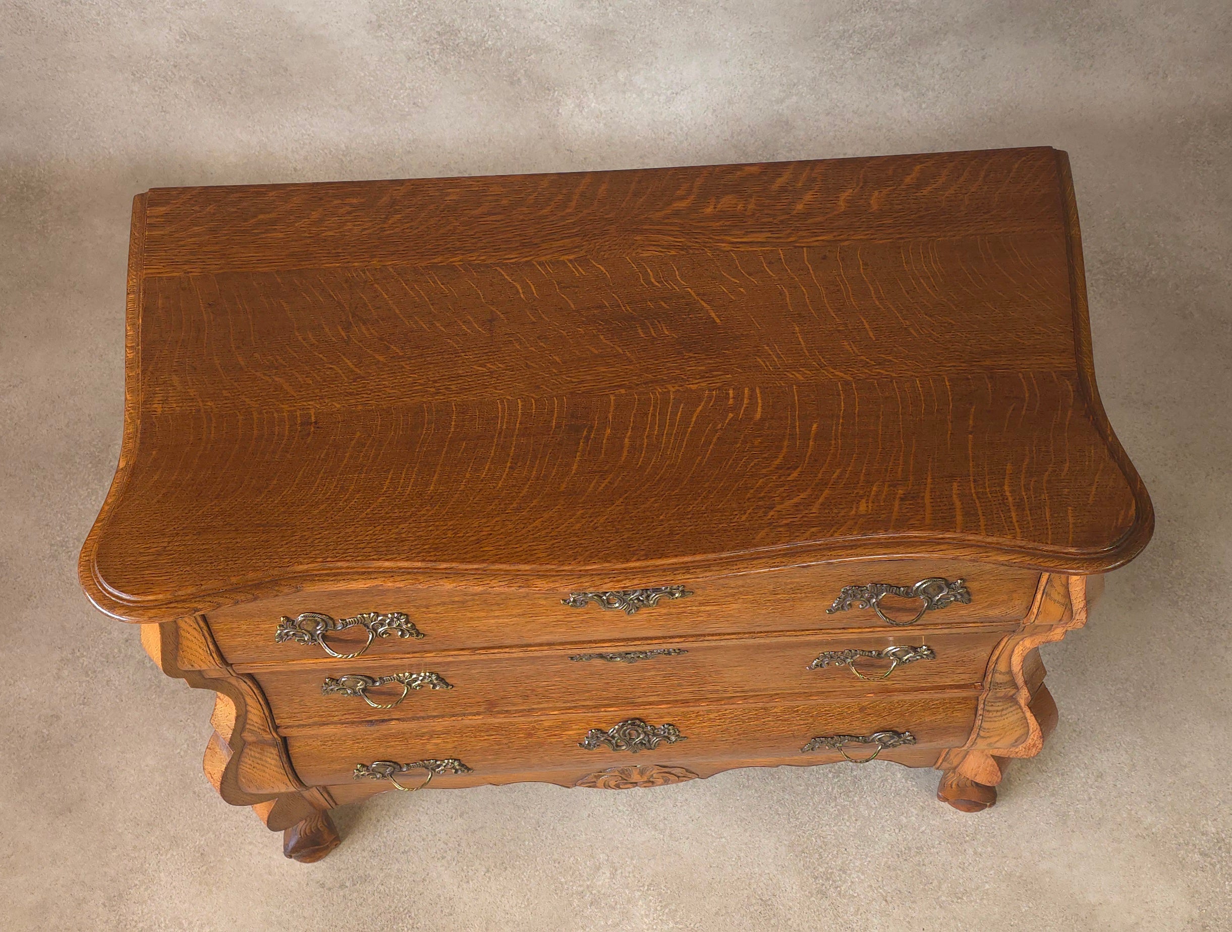 Small Oak Dutch Bombe Commode – Ornate Vintage Three-Drawer Chest