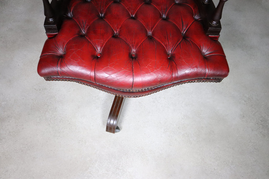Vintage Red Leather Chesterfield Captains Chair Swivel Office Desk Chair