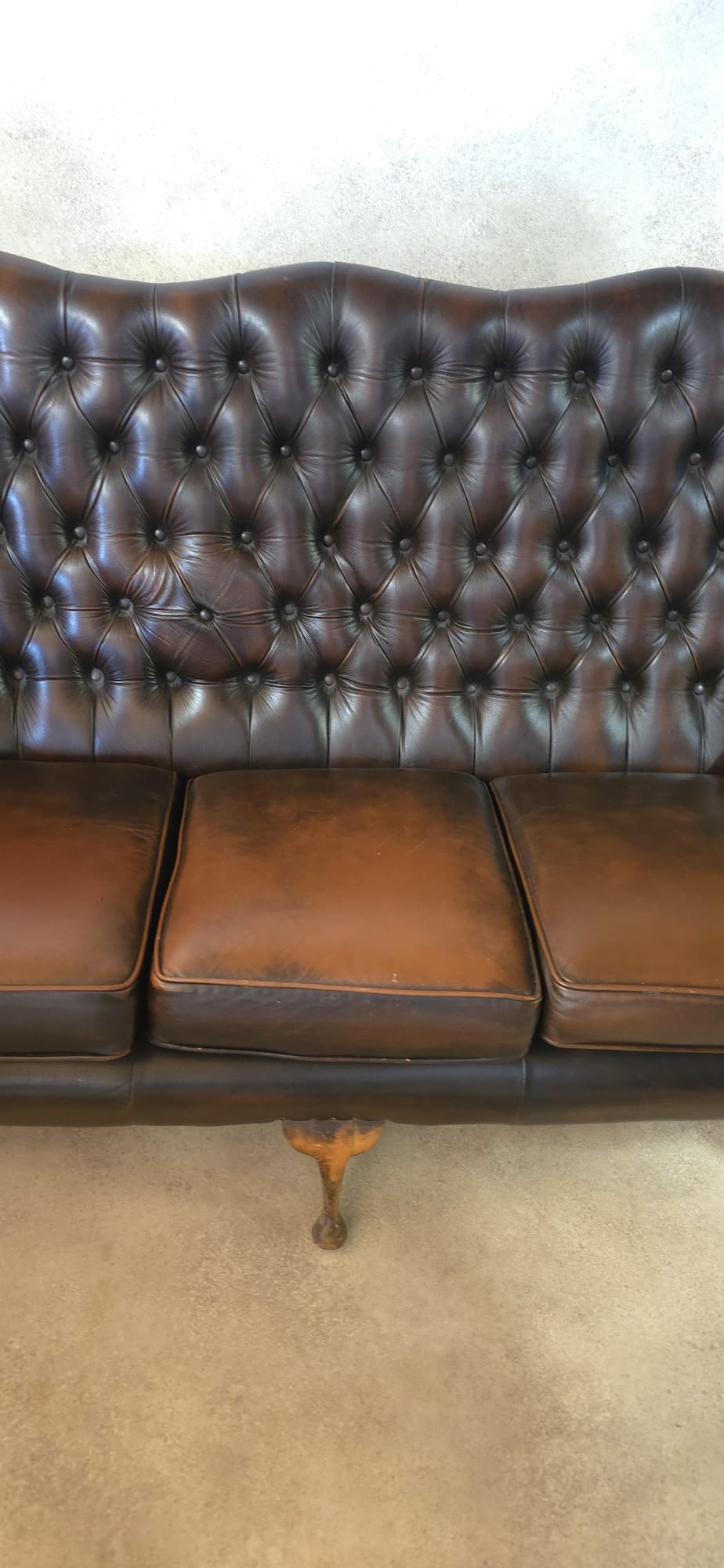 Vintage Queen Anne Style High Back Brown Leather Chesterfield Sofa
