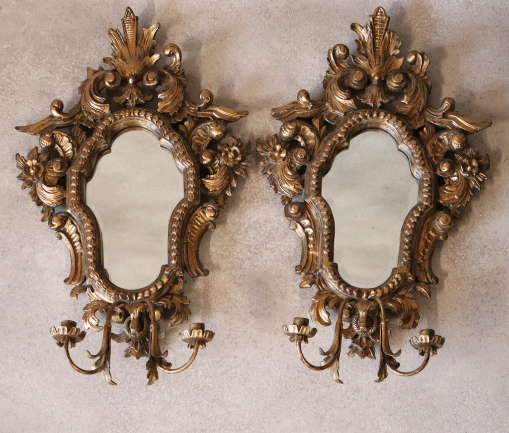 Pair Vintage Rococo Style Ornate Gilt Wall Sconce Mirrors Carved Wood Girandole