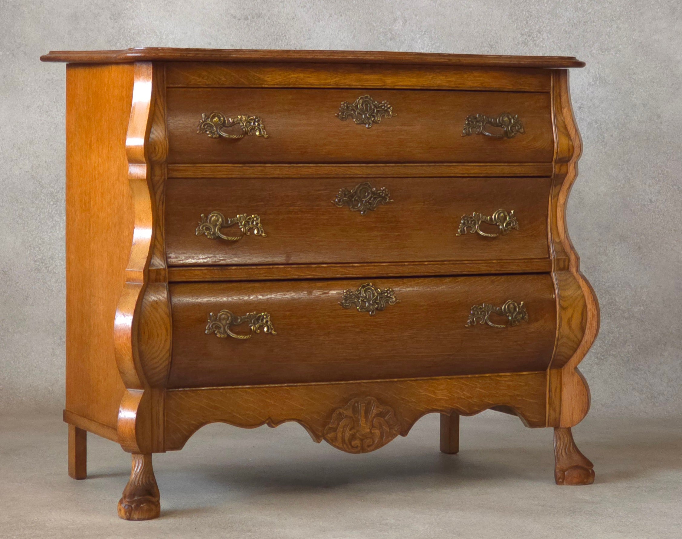 Small Oak Dutch Bombe Commode – Ornate Vintage Three-Drawer Chest