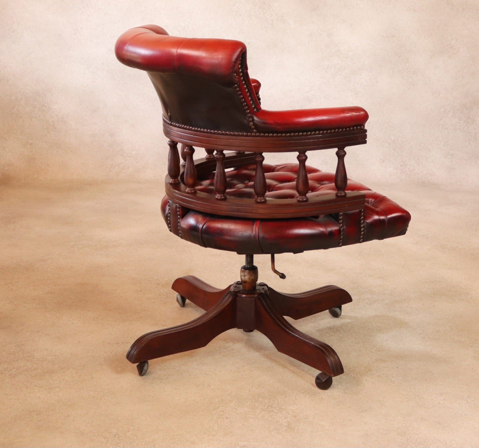 Vintage Red Leather Chesterfield Captains Chair Swivel Office Desk Chair