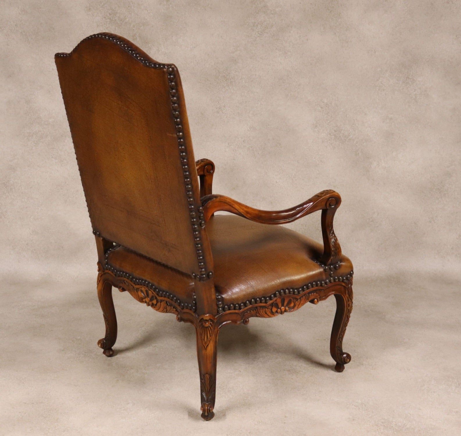 Vintage French Louis XV Style Carved Beechwood Fauteuil Tooled Leather Armchair