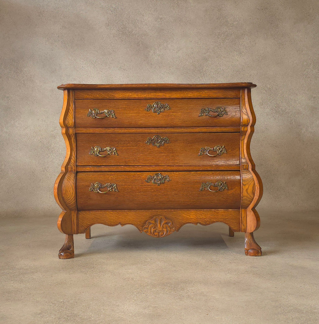 Small Oak Dutch Bombe Commode – Ornate Vintage Three-Drawer Chest